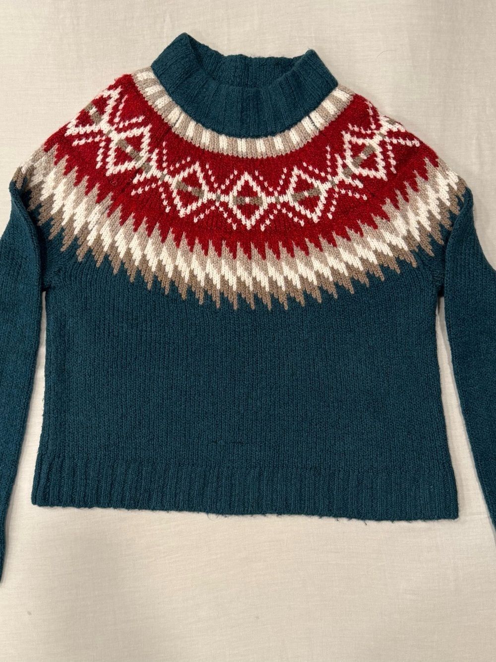 American Eagle Women's Fair Isle Knit Mock Neck Sweater Teal Red Size XS